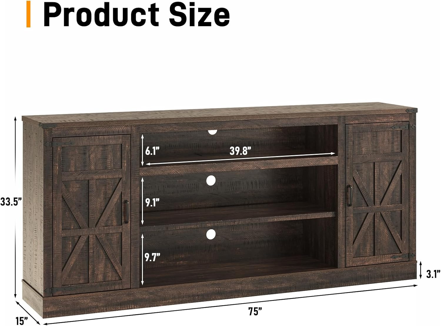 66"/75" Farmhouse TV Stand with Power Outlets for 85 Inch TVs, 33" Tall Entertainment Center with Storage Cabinets w/Adjustable Shelves, Rustic Large TV Media Console, Brown/white/black