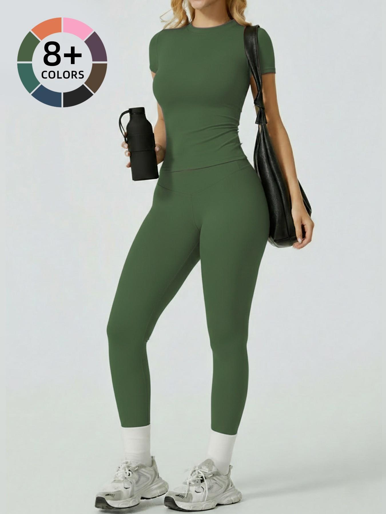 Women's Yoga 2-Piece Set, Breathable Short Sleeve Tee & High Waist Tight-Fit Pants, Sporty Style, All-Season Wear, Yoga Outfit Set, Casual Workout Loungewear