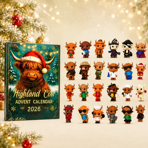 Highland Cow Arrival Calendar, 24-Day Christmas Countdown 3D Cow Doll Decoration, Family Christmas Tree Gift, Santa Hat Design, Festive Decoration
