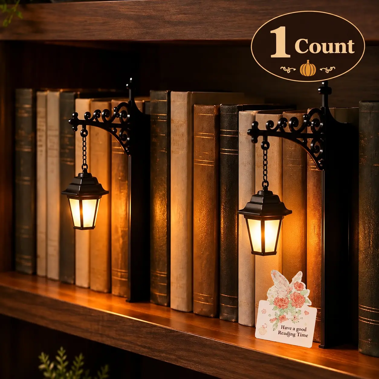 2 Pack Mini Library Lantern Shelf Lights, Vintage Street Lamp Style Bookshelf Decor, Black Reading Nook Accent Lights for Home Library, Office, Study Room and Book Lover Gift, Decorative Light