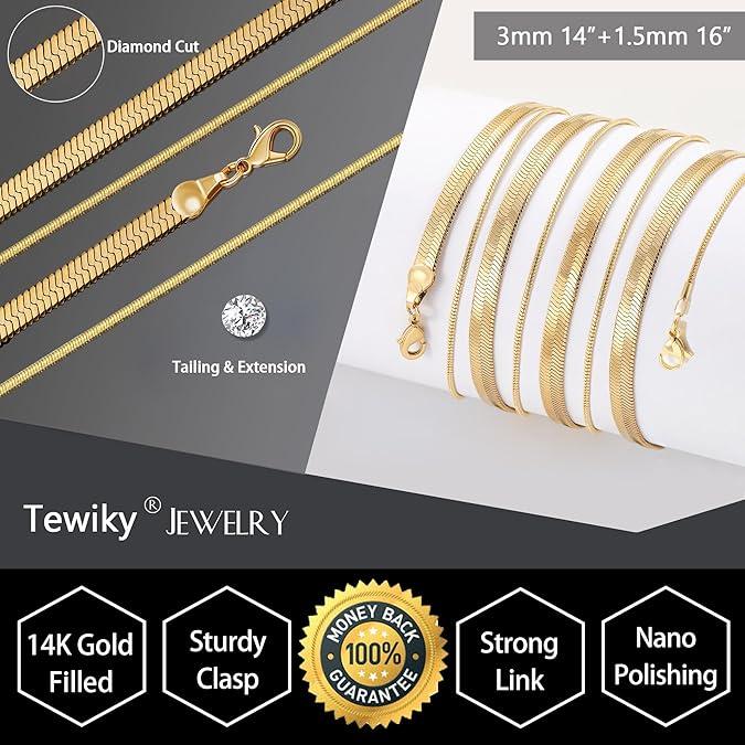 Tewiky 14K Gold Plated Herringbone Necklace for Women Dainty 14k Gold Snake Chain Necklace Layered Gold Herringbone Double Flat Snake Chain Choker Necklace Thin Chunky Chain Necklace Gift for Her For Valentine's Day gifts