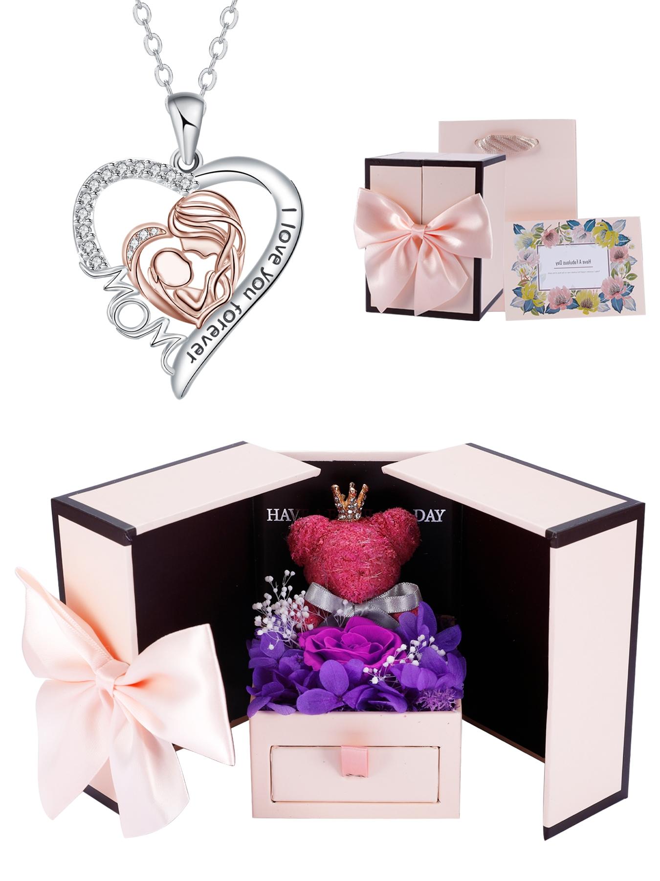 Mommy & Me Love Heart Necklace Set with Moss Bear Rose Jewelry Box, Elegant Copper Pendant Necklaces, Perfect Gift for Mother's Day Birthday Christmas