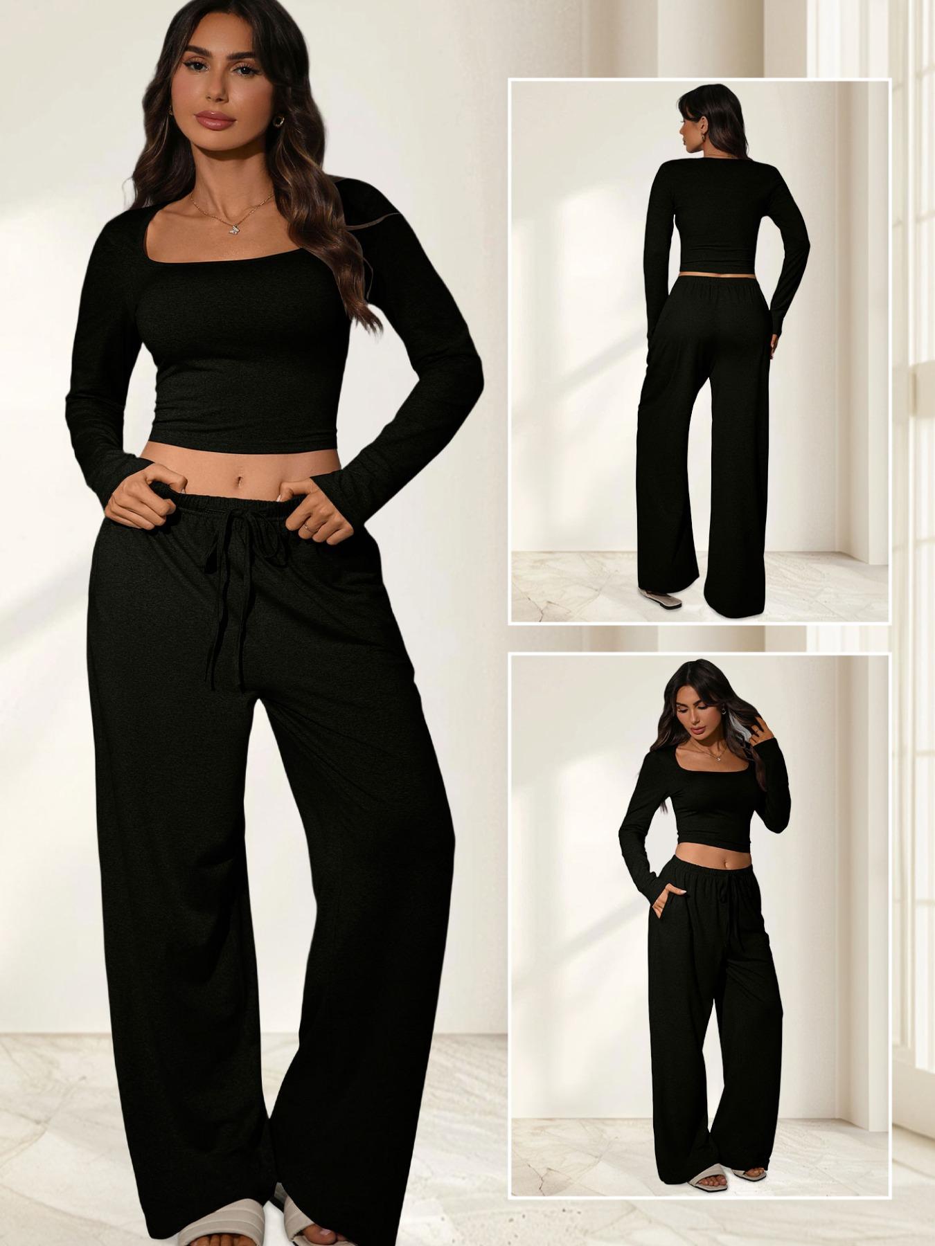 2026 Women's 2 Piece Matching Lounge Set, Square Neck Long Sleeve Crop Top, High Waisted Wide Leg Drawstring Pants, Casual Sweatsuit