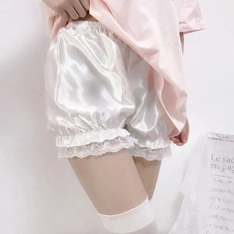 Satin Glossy Cute Lolita Safety Short Pants Women Sweet Ice Silk JK Bloomers Ruffles Lace Trim Panties Pumpkin Shorts Pettipants