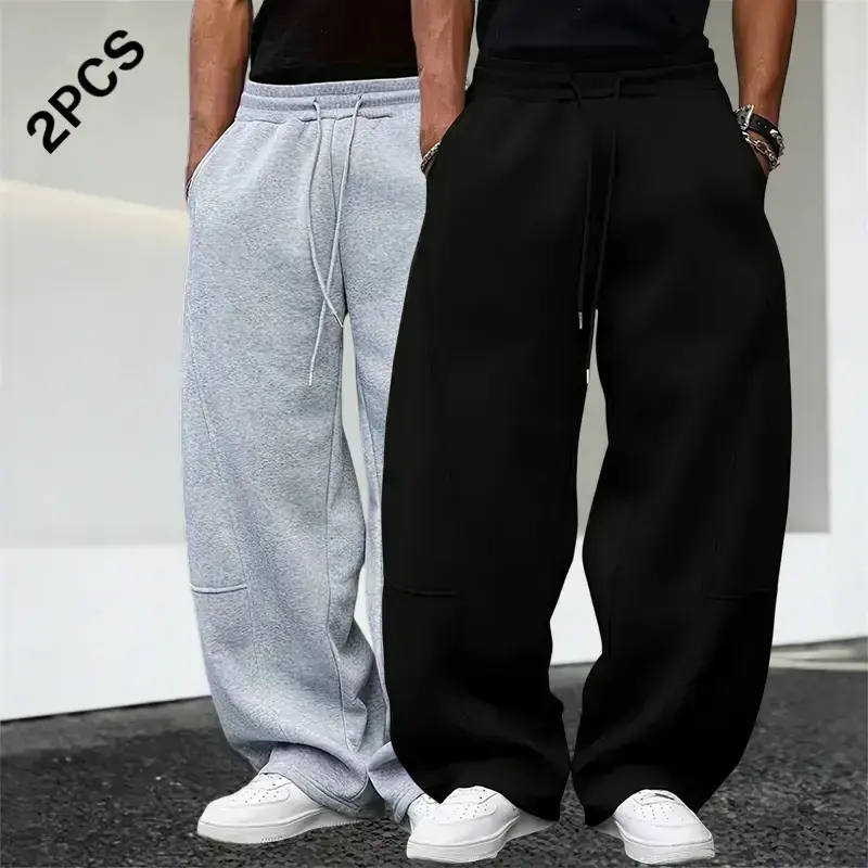 Men’s American High Street Baggy Sweatpants 2-Pack, Streetwear Clothing, Lightweight Elastic Drawstring Waist, Skin-Friendly Breathable Fabric, Flattering Loose Bent Blade Cut, Machine Washable Men's Pants