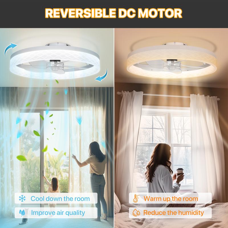HYPERLITE Ceiling Fans with Lights - 19.7 Inch Flush Mount Ceiling Fan with Remote, 6 Wind Speeds, Reversible DC Motor, Dimmable LED Light with 3 CCT, Modern Ceiling Fan for Bedroom, Kitchen, Black，White，Adjustable Rgb Lighting，Jumpstart newyear