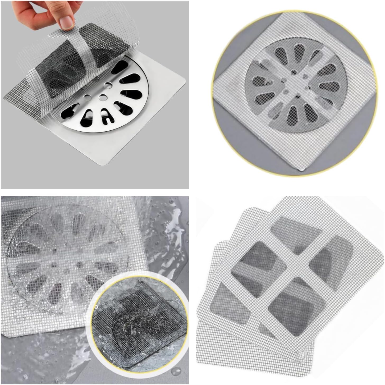 30 Counts Disposable Shower Drain Cover, Hair Catcher with Square Design, Mesh Stickers for Bathroom, Laundry, Bathtub, Sink, Adhesive Repair Tape Kit