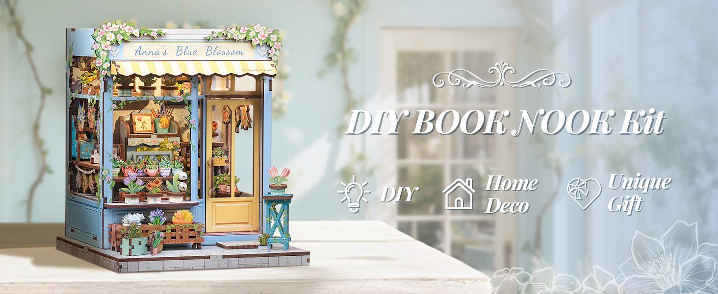 CUTEBEE Anna's Blue Blossom DIY LED Book Nook Wooden Miniature Bookcase with Dust Cover Perfect Gift for Black Friday & Christmas