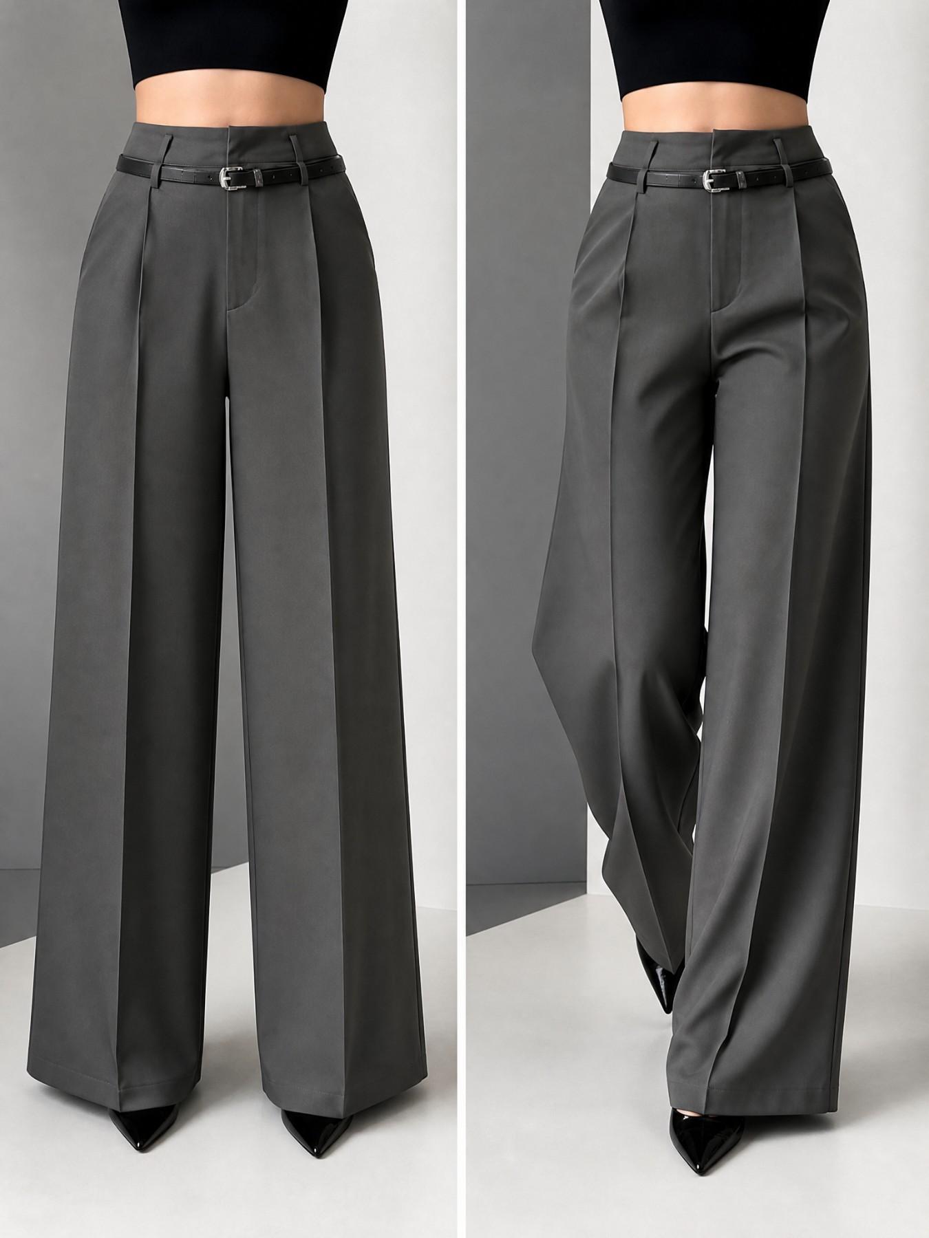 New Women's High-Waisted Wide-Leg Suit Pants, Button Pleated Design with Belt, Casual Elegant Comfortable Style for Daily Commute