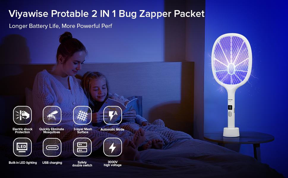 Viyawise Outdoorfun Powerful Bug Zapper Indoor & Outdoor - 10-LED Mosquito Zapper with Large Mesh, Rechargeable Gnat Killer, LED Display & Safe Fly Swatter for Home Use