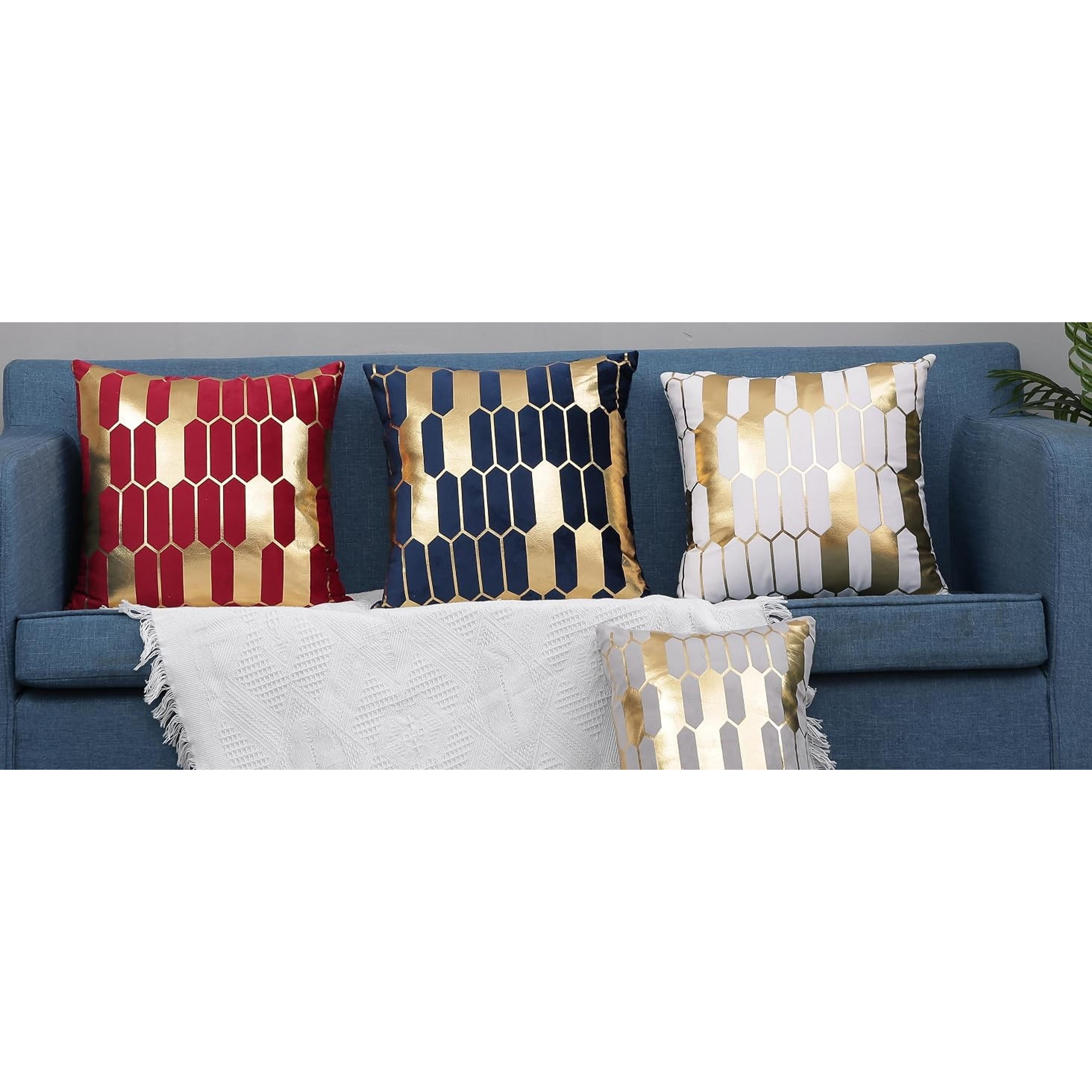 Set of 2 Velvet Decorative Throw Pillow Covers Navy Blue White Patchwork with Gold Leather Pillow Covers 18 × 18 Inch Cushion Covers Decor Living Room Sofa Bedroom Car