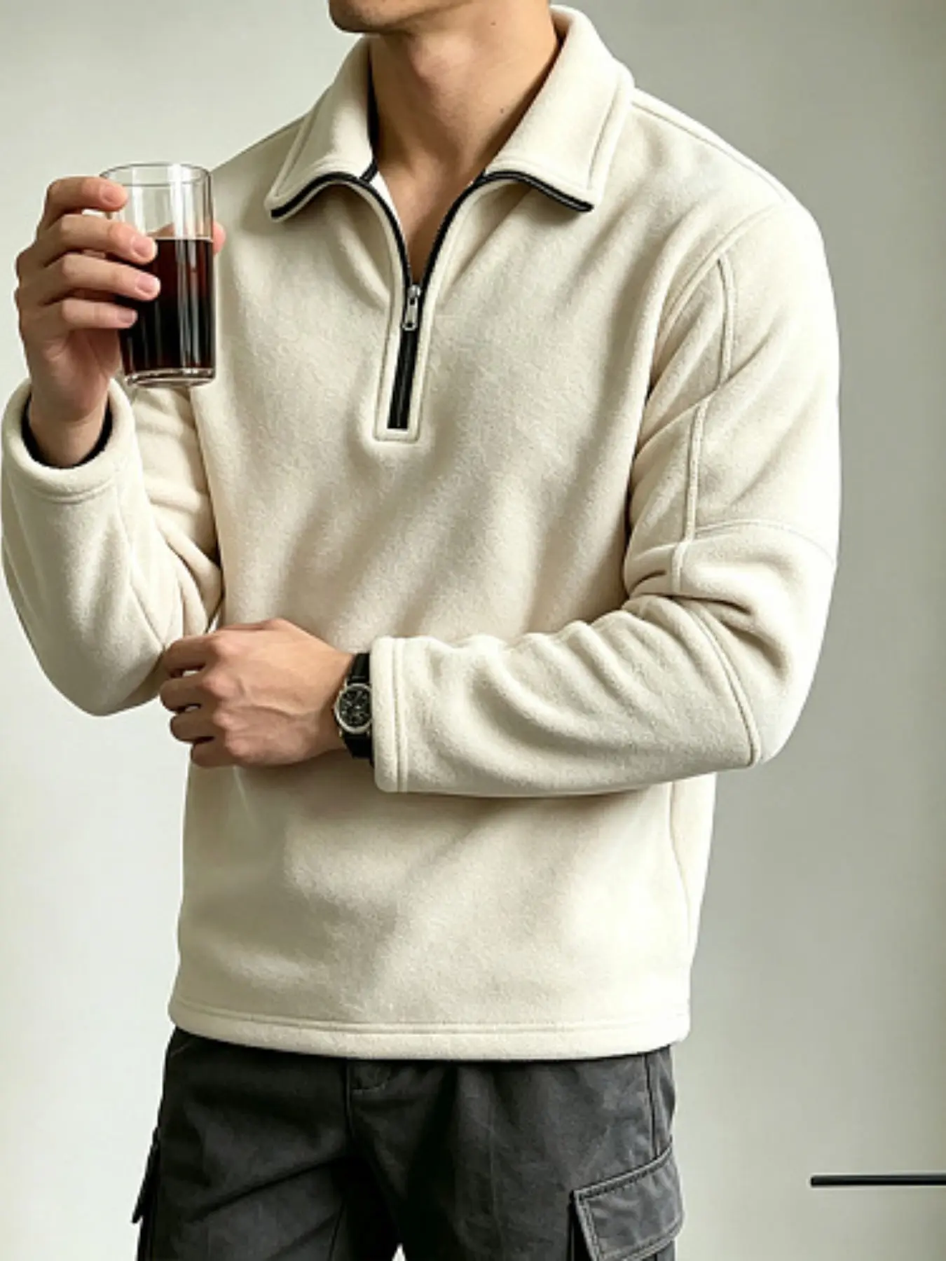 Men Collared Quarter Zip Fleece Pullover, Daily Commute & Outdoor Casual Top, Solid Plain Color Minimalist Style, Fall Regular Fit Sweatshirt, Soft Fleece Fabric, Long Sleeve, Multi Colors