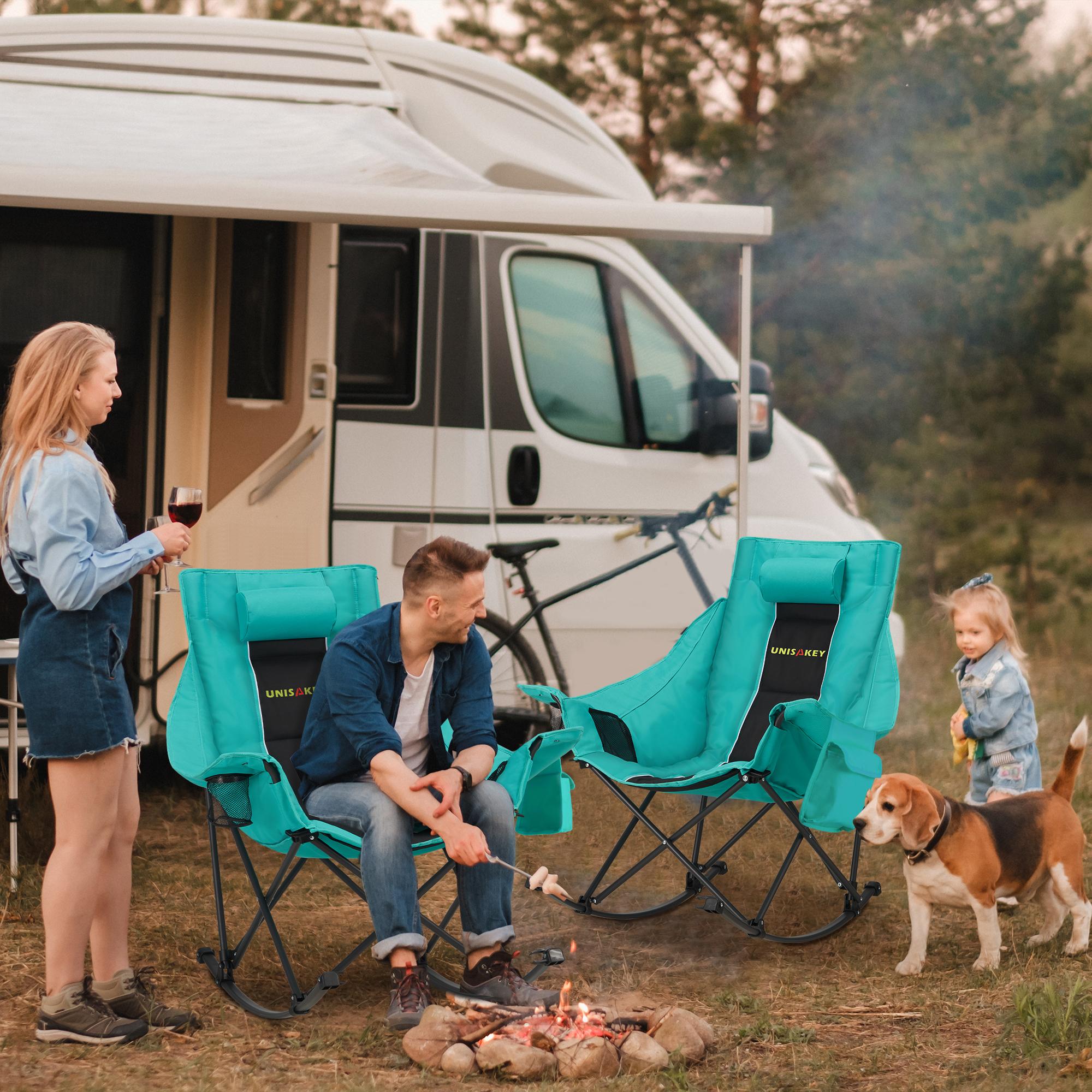 Oversized Rocking Camping Chair with Headrest & Cup Holder - 400lbs Capacity, 600D Oxford Fabric, Easy Fold Portable Outdoor Rocker Chair for Camping, Backyard, Beach, Green