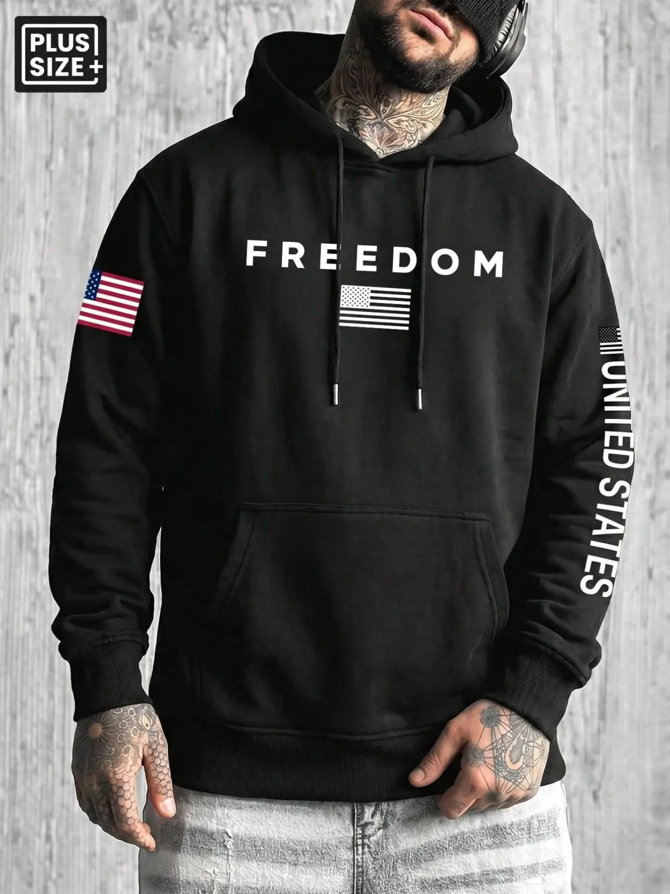 Big & Tall Men's FREEDOM American Flag Print Drawstring Hoodie, Long Sleeve Kangaroo Pocket Loose Fit Pullover Sweatshirt, All Season Patriotic Streetwear Top for Daily Outdoor Casual Wear