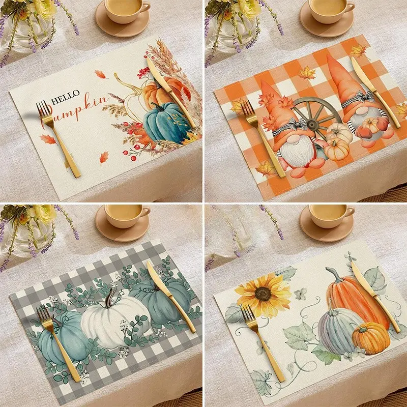 New Fall Thanksgiving Pumpkin Print Placemats, Heat Resistant Decorative Dining Table Mats, Minimalist Versatile Western Dinner Place Mats for Holiday Home & Party Table Decor