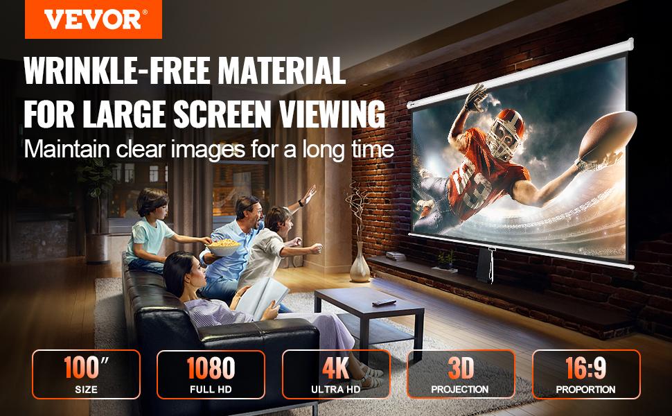 【Summerfinds】VEVOR Manual Projector Screen, 100 inch 16: 9 4K 1080 HD Retractable Pull Down Projector Screen, Auto-Locking Portable Movie Screen for Family Home Office Theater, Projection Screen, Adjustable Screen