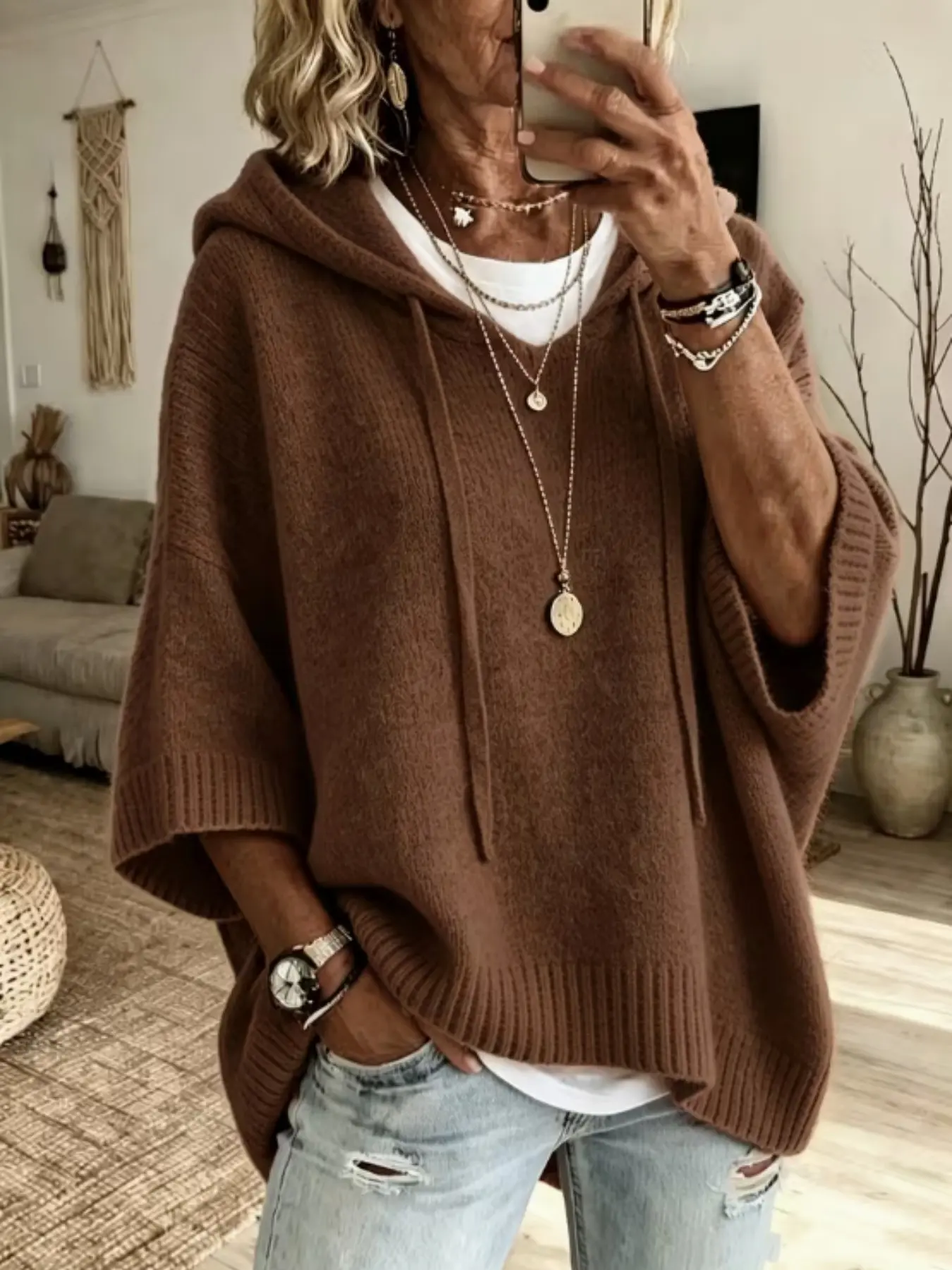 Plus Size Casual Batwing Sweatshirt, Hooded Knit Pullover, Comfortable and Stylish, Perfect for Daily Wear, Soft and Cozy Material