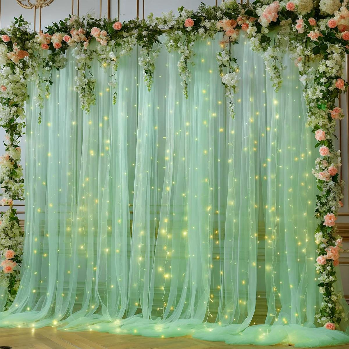 1set 9.84ft x 7.05ft White Sky Blue Pink Green Purple Champagne Sheer Backdrop Curtains with Lights for Baby Shower Wedding Bridal Shower Happy Birthday Party Decor Photobooth Props Holiday Festival Decor Home Decorative Hanging Ornaments