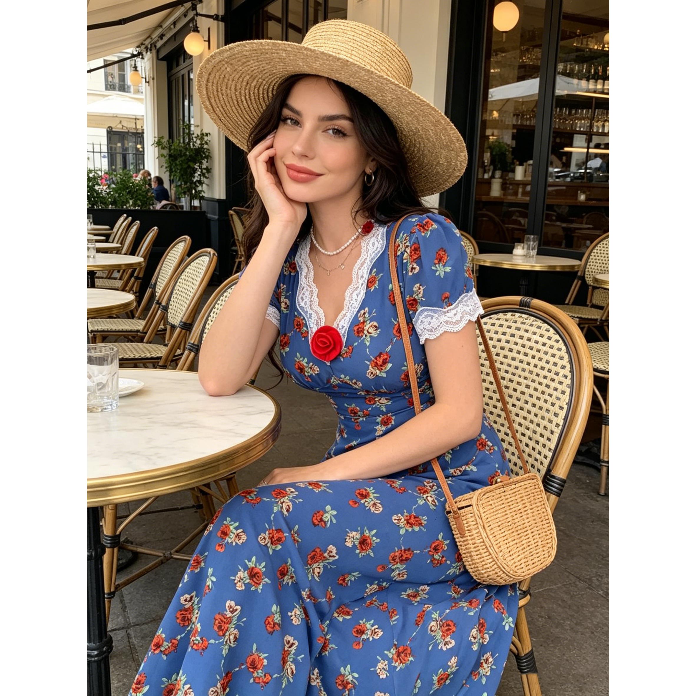 Vintage French Blue Floral Midi Dress Romantic Lace V-Neck Gown | S-XXL Inclusive Sizing | Perfect for Picnic, Date Night, Sunday Brunch & Tea Parties