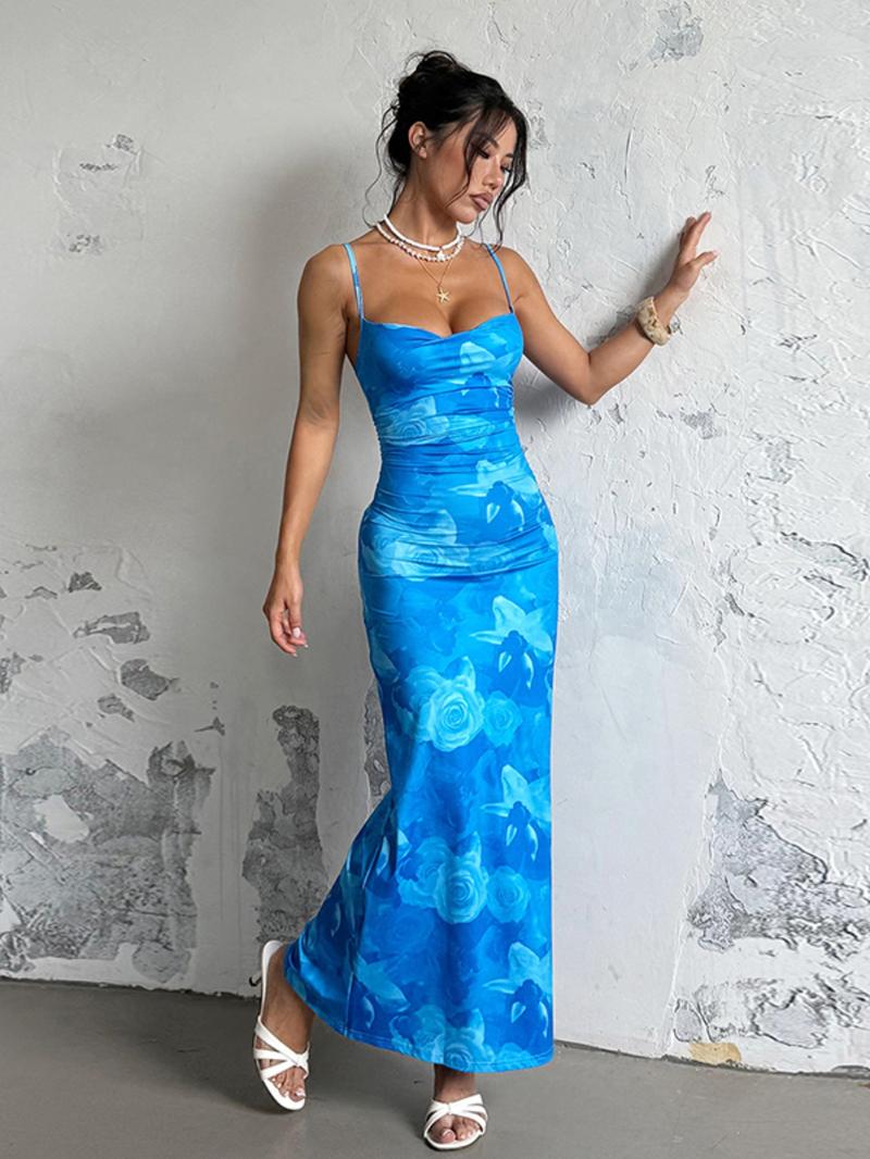 Women's Floral Print Lace Up Bodycon Cami Dress, Elegant Dresses, Adjustable Ruched Sleeveless Long Dress Ladies Clothes for Vacation Holiday Wedding Guest