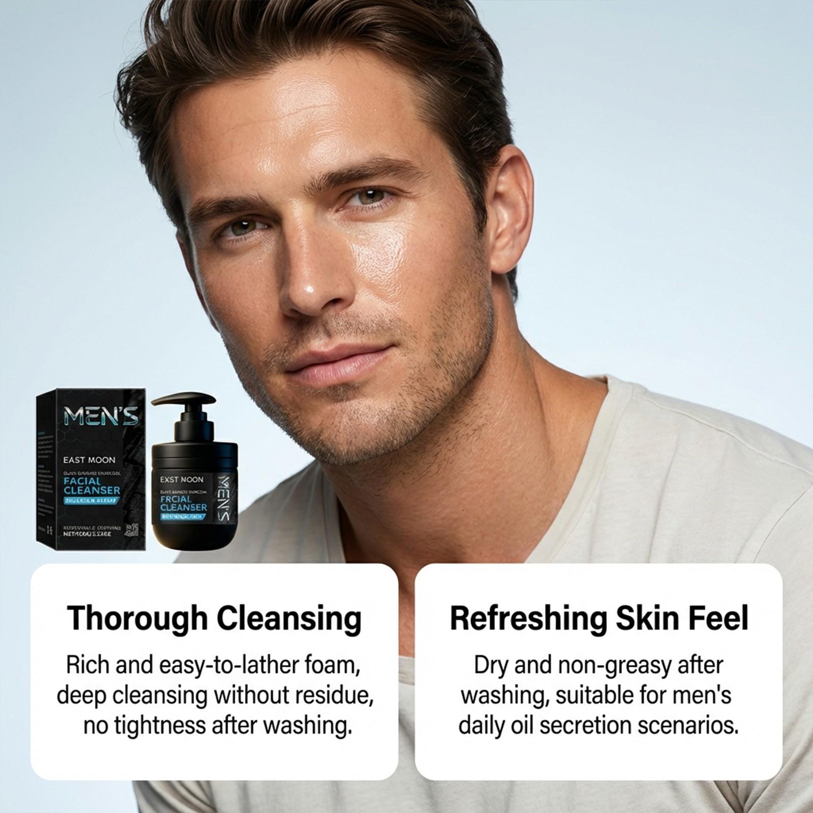 East Moon Men's Refreshing Face Wash, Gentle Cleanser, Hydrating Rich Foam, Non-Drying, Ideal for Daily Use, Soft Skin Care
