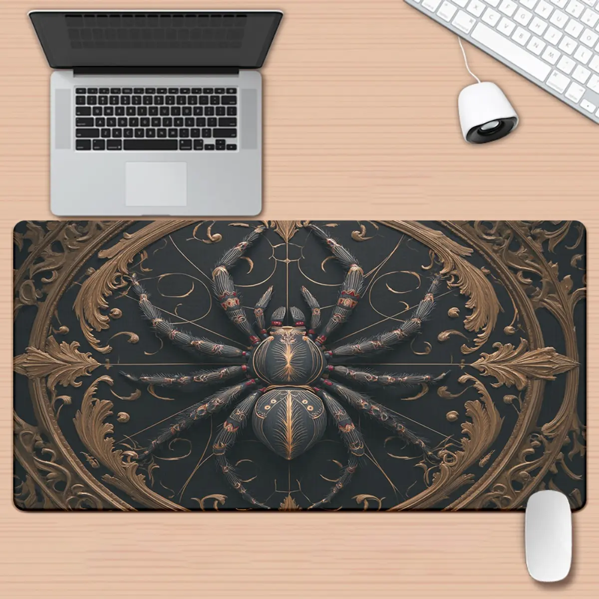 1 piece Gothic Spider Design Gaming Desk Mat - Dark Web Theme Mouse Pad, with Non-Slip Rubber Base, Exquisite Golden Pattern and Non-Slip Surface, Suitable for Computers and Workstations - Ideal for Gamers and Professionals