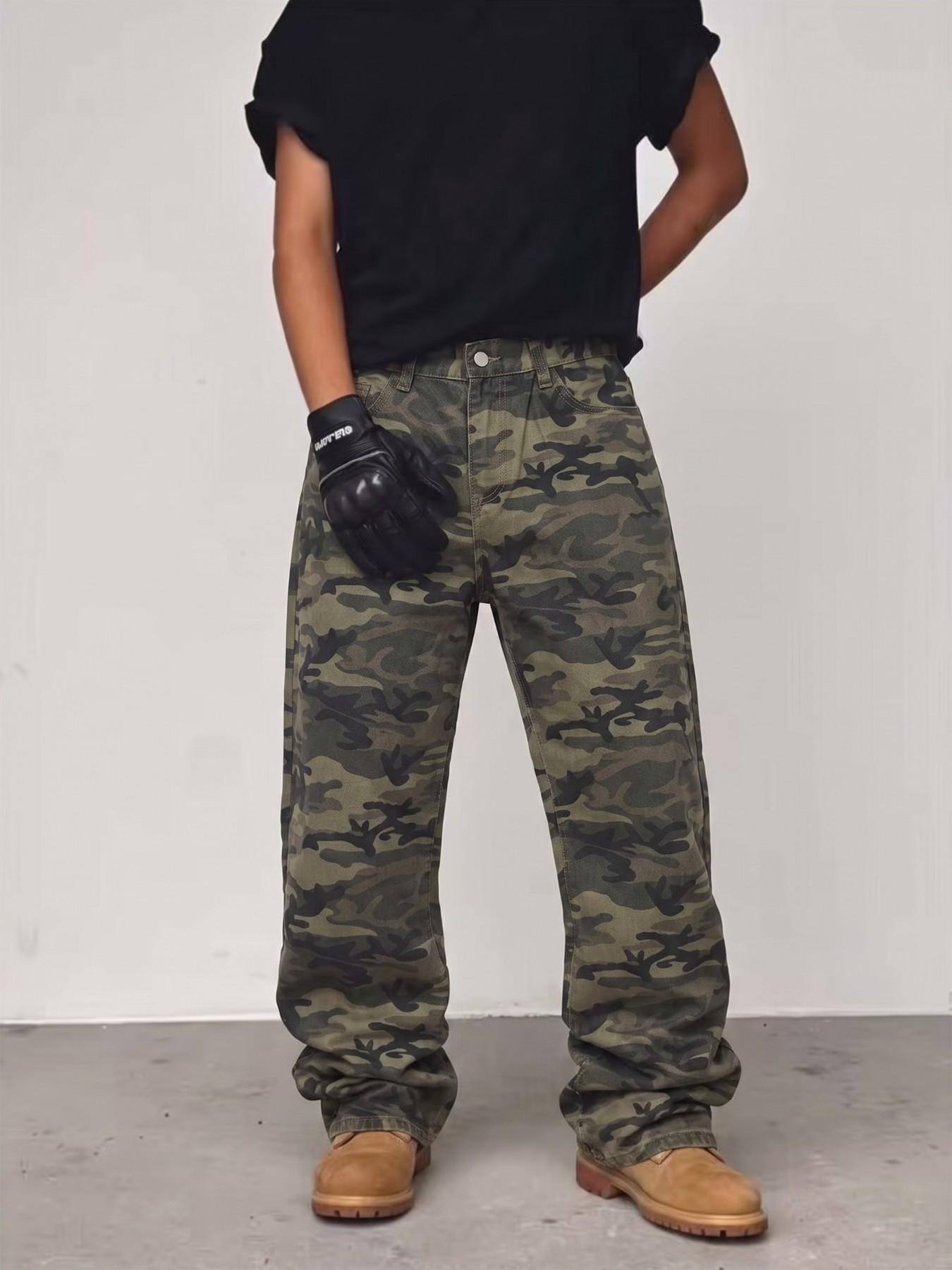 Men's All-Season Classic Jungle Camo Print Loose Fit Straight Leg Denim Mid Waist Jeans, American Vintage Workwear, Street Style Casual Long Pants