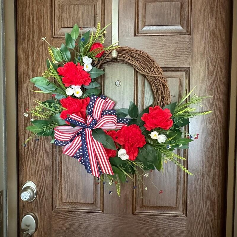 Patriotic July 4th Wreath, Peony and Mixed Flowers with Patriotic Bow, Independence Day Farmhouse Porch Decor, Artificial Floral Arrangement