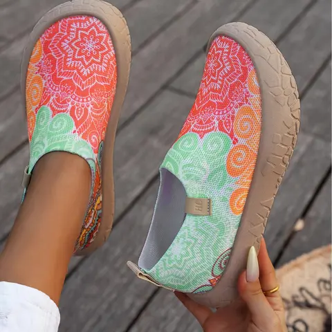 Trendy Graffiti Print Slip-On Sneakers for Women, Stretchy Knit Upper Shoes, Breathable Lightweight Non-Slip Rubber Sole Casual Shoes