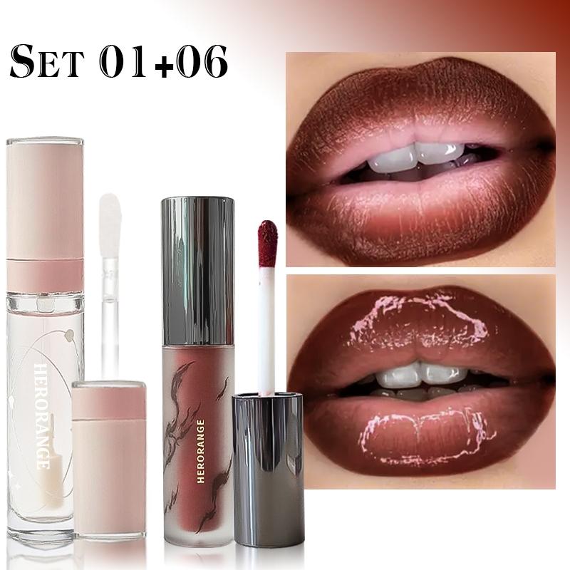 [HERORANGE Lipstick & Lip Gloss Set] Silky Matte Lipstick and Nourishing Lip Gloss Set with Smooth Vibrant Color, Easy to Layer, Moisturizing and Hydrating, Suitable for Stage Performances, Parties and Dates