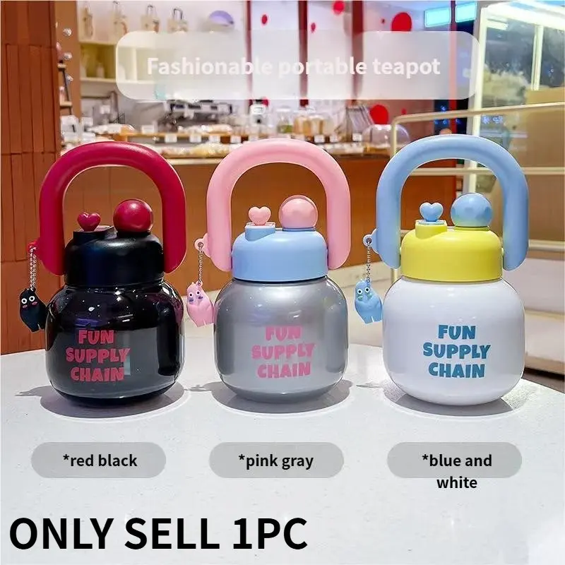 Cute Creative Plastic Cup with Handle, Dual-Drink Large Belly Cup, Student Portable Water Bottle, Cartoon Design, Straw Included, Drinkware, Portable Bottled Drinkware