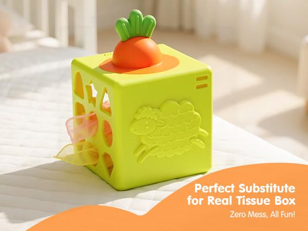 hahaland Baby Tissue Box Toy - Easter Basket Stuffers, with Bunny Teether Carrot Silicone Baby Toys 6-12 Months Montessori Learning Educational Toy Infant Toy 6-in-1 Soft Busy Activity Cube with Scarves, Crinkle, Textures, Mirror Gift for Babies