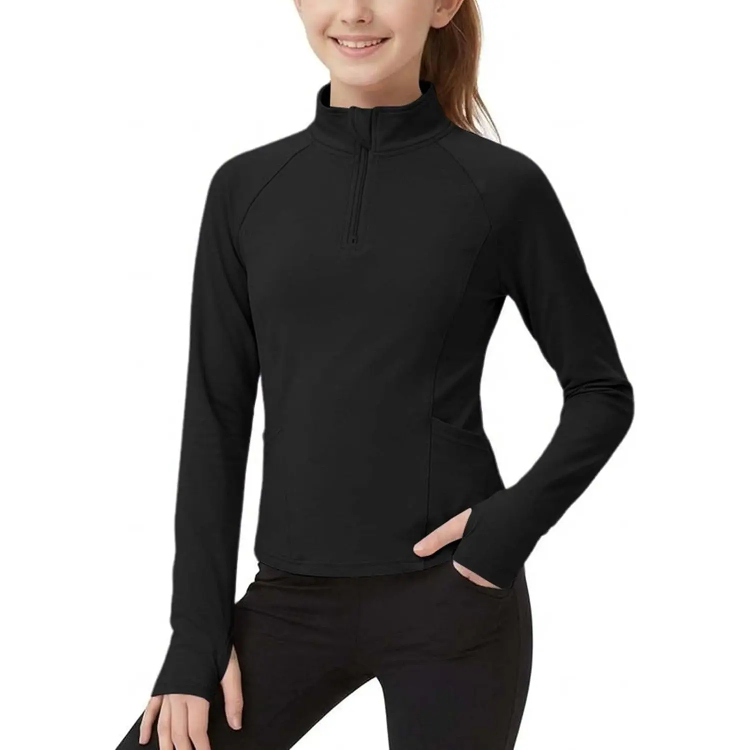 Girl Lightweight Jackets Long Sleeve Half Zip Sun Protection Athletic Shirt with Pockets and Thumholes