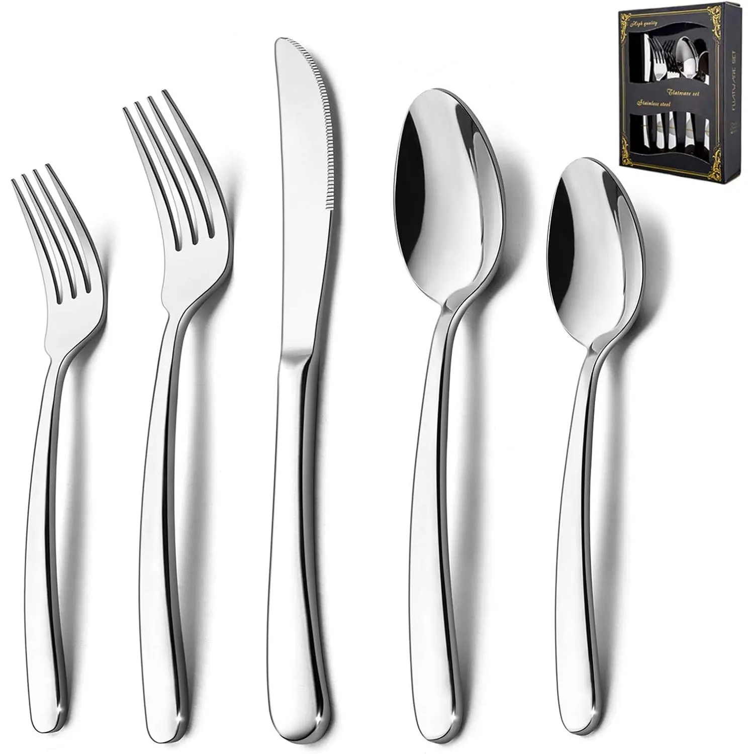 Heavy Duty Silverware Set, 40-Piece Stainless Steel Flatware Cutlery for 8, Modern & Elegant Design Includes Knives/Forks/Spoons, Mirror Polished and Dishwasher Safe