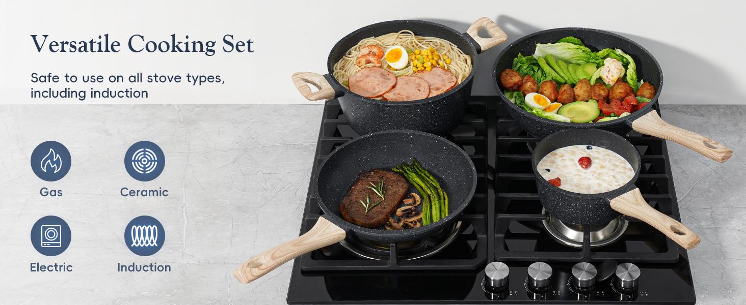 SODAY 12 Pcs Pots and Pans Set Non Stick Kitchen Cookware Sets Nonstick Induction Cookware Black Granite Cooking Set with Frying Pans, Saucepans, Silicone Shovel Spoon & Tongs (NO PFOS, PFOA) dealsforyoudays cookware