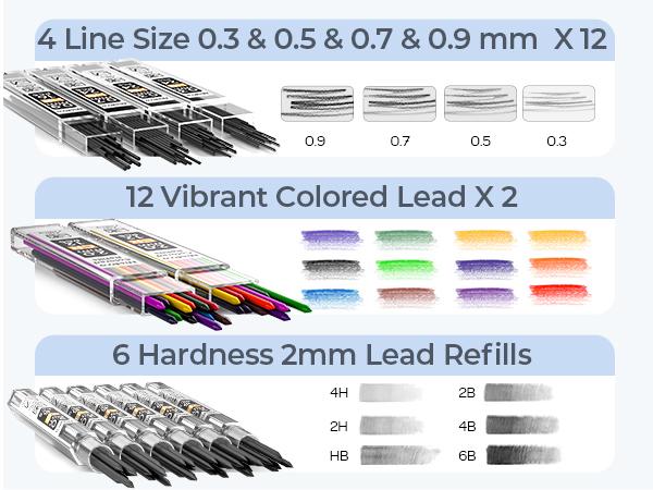 Nicpro 6 PACK Art Mechanical Pencil Set, 4PACK Metal Drafting Pencil 0.3mm, 0.5 mm, 0.7 mm, 0.9 mm & 2PACK 2mm Lead Holder (6B 4B 2B HB 2H 4H Colors) for Sketching Drawing with 23 Tube Lead Refills Case