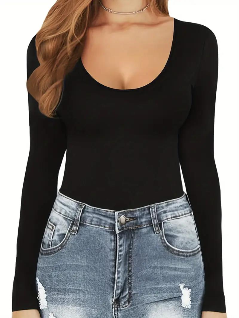 Women's Ribbed Abdomen Control Bodysuit, Long Sleeve Seamless T-Shirt, Comfortable Scoop Neck Bodysuit Stretchy Basic Tops, Fit Soft Elastic Fabric, Perfect for Daily Wear and Going Out, Shapewear for Fall&Winter
