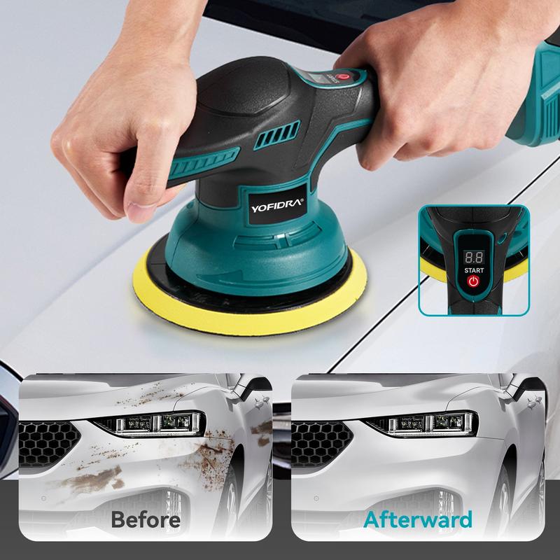 YOFIDRA 21V Cordless Car Polisher, 8-Speed Display Buffer Power Tool with 150mm Pad, 2.0Ah Battery, 5500RPM, for DIY Auto Detailing Black