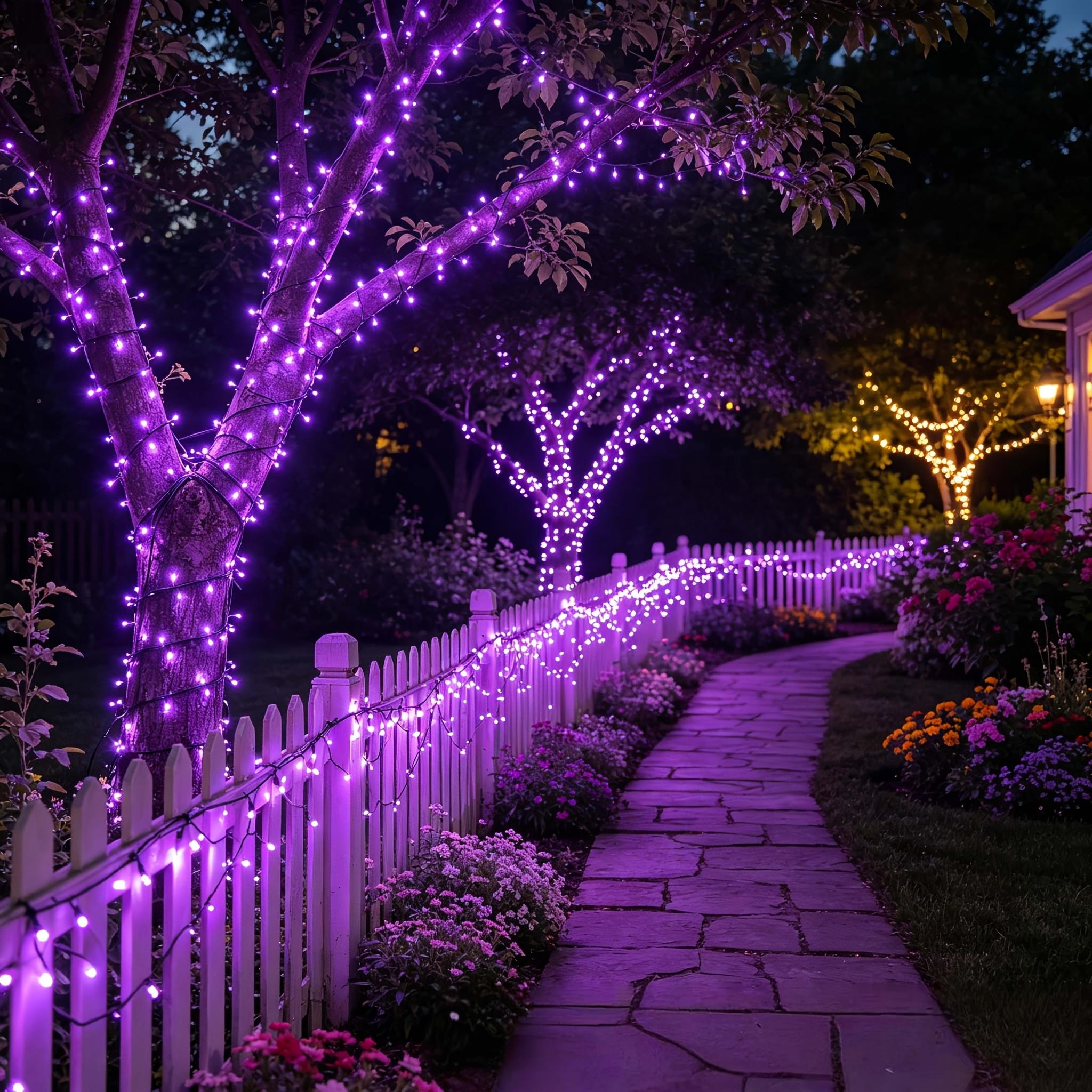 Solar LED Fairy Lights, 900-LED Purple & Orange-Purple String Lights with 8 Lighting Modes, IP54 Waterproof for Yard, Fence Illumination & Outdoor Home Improvement Decor