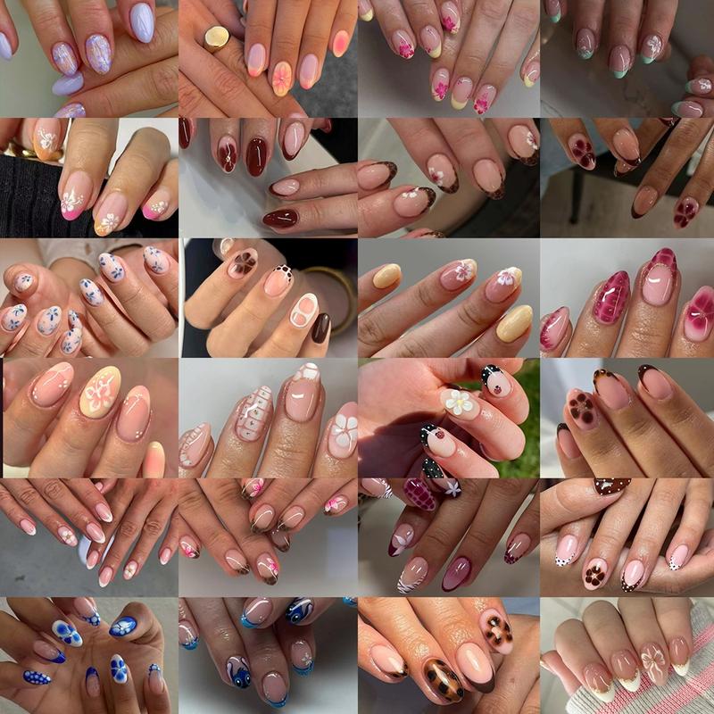 576 Piece Acrylic Press-On Nails Set, Short Oval Leopard French Flower Bow Design, Easy Wear Nail Art for Women Girls, Acrylic Fake Nails