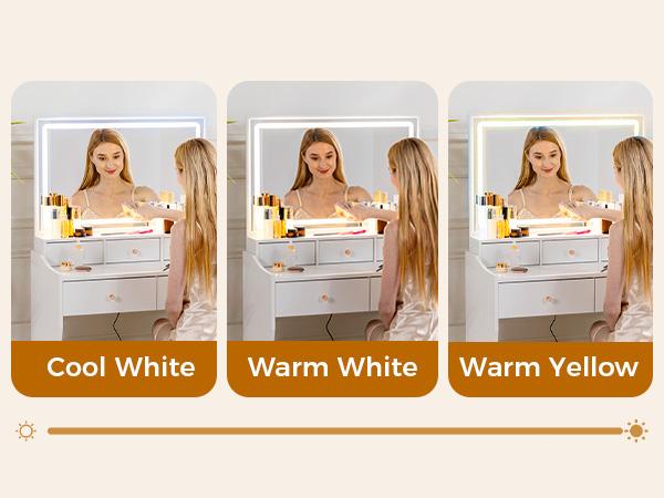 COMHOMA Makeup Vanity Desk with Mirror and Lights, Vanity Table and Chair Set with 5 Drawers and Charging Station, Bedroom Dresser LED Mirror Stepless Dimmable & 3 Color Modes Adjustable, Pure White