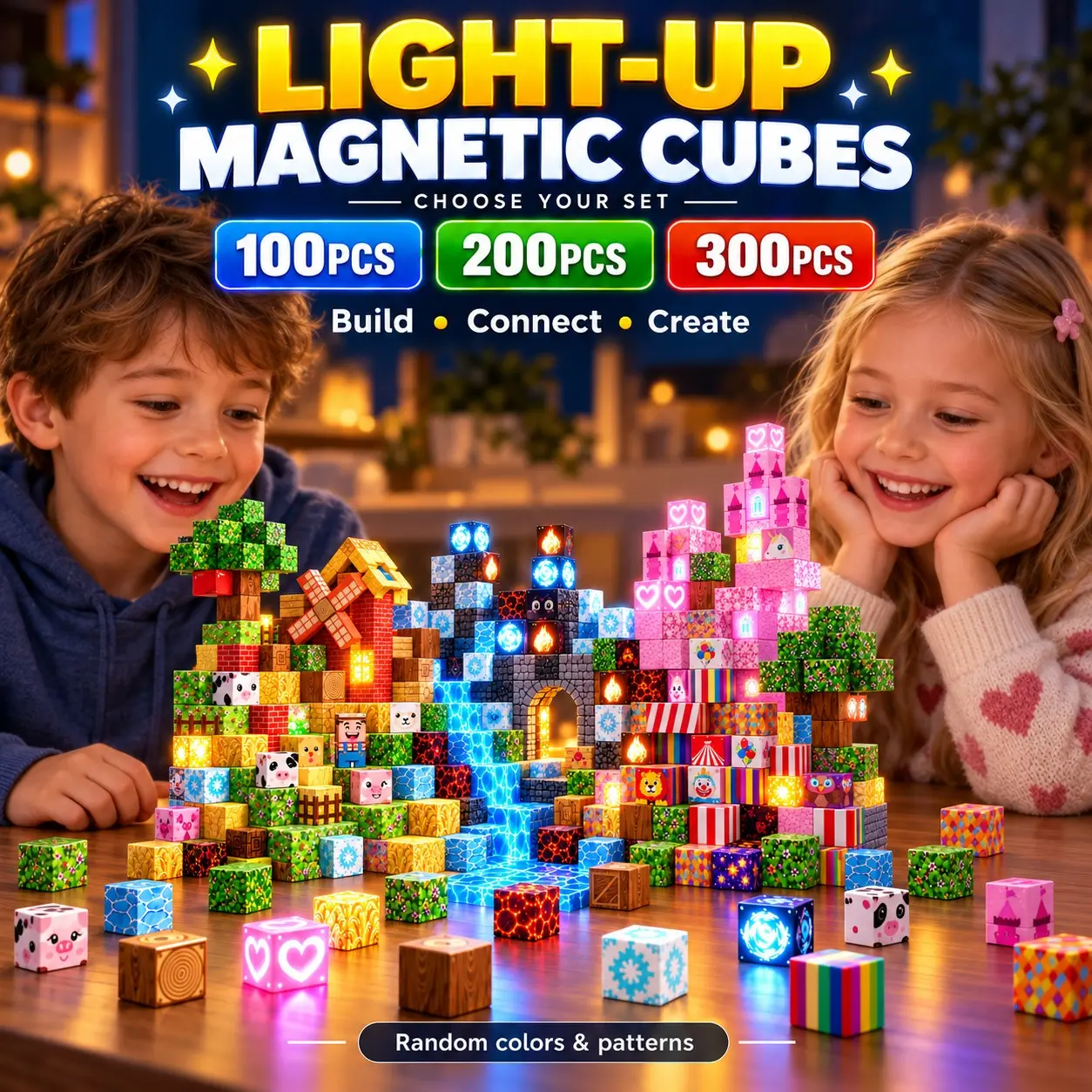 100/200/300PCS Magnetic Building Blocks with LED Light-Up Cubes, Random Assorted Patterns, STEM Sensory Construction Toys for Kids Ages 3+, Creative 3D Building Set, Birthday & Christmas Gifts for Boys and Girls