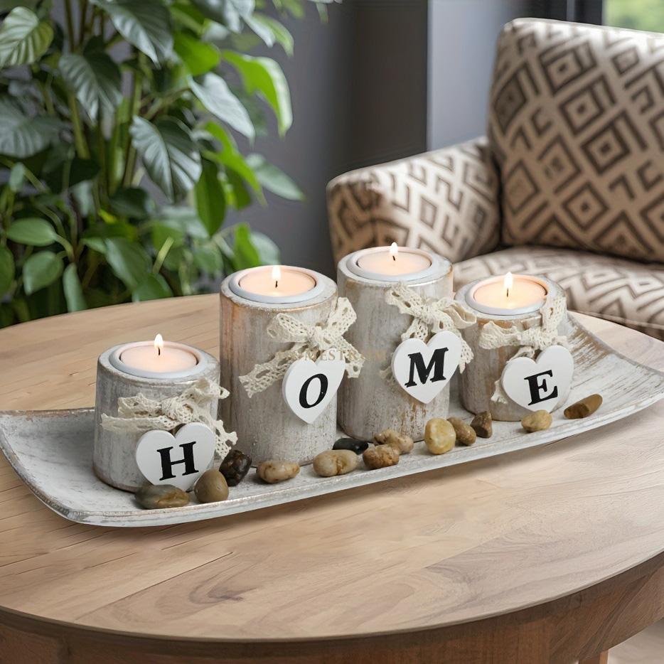 Wooden Candle Holders Centerpieces for Living Room Coffee Table Decorations | Wooden Candles Holders with Wood Tray,Candlesticks for Home Decoration Fireplace Farmhouse Table Kitchen Decor
