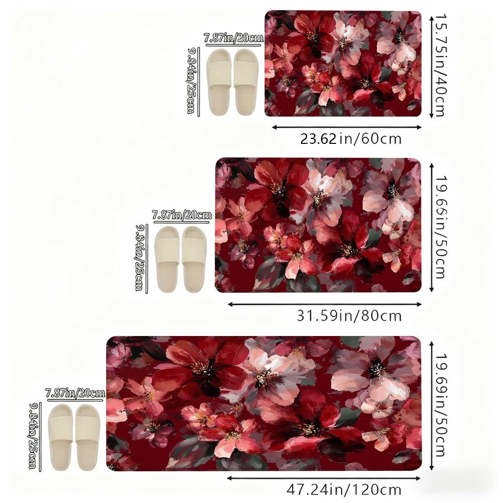 Vintage Watercolor Red Floral Kitchen Rug Set, Boho Abstract Flower Non-Slip Washable Floor Mats, Aesthetic Botanical Runner Rugs for Kitchen, Living Room & Home Decor