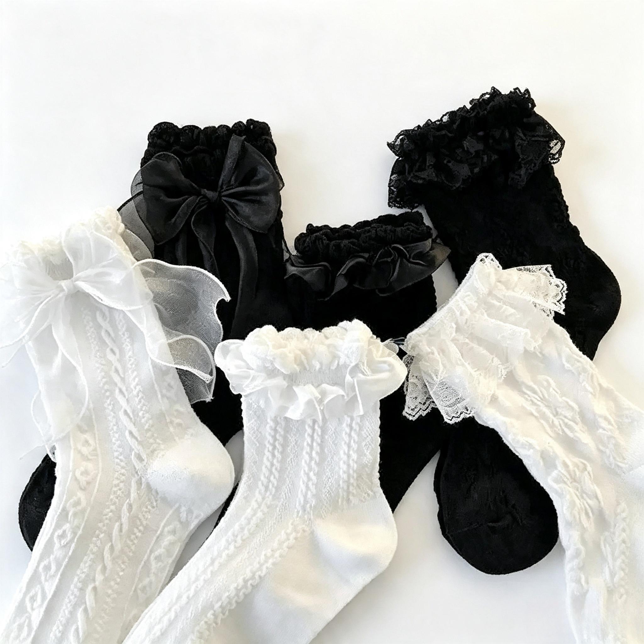 Women’s 6-Pair Coquette Lace Crew Socks - 3D Floral Cable Knit, Sheer Organza Bow, Lightweight Ruffled Breathable Knit Cotton-Blend Mid-Calf Hosiery, Elastic Vintage Streetwear Accessory for Gothic & Casual Outfits (Cold Hand Wash), Trend, Shorts