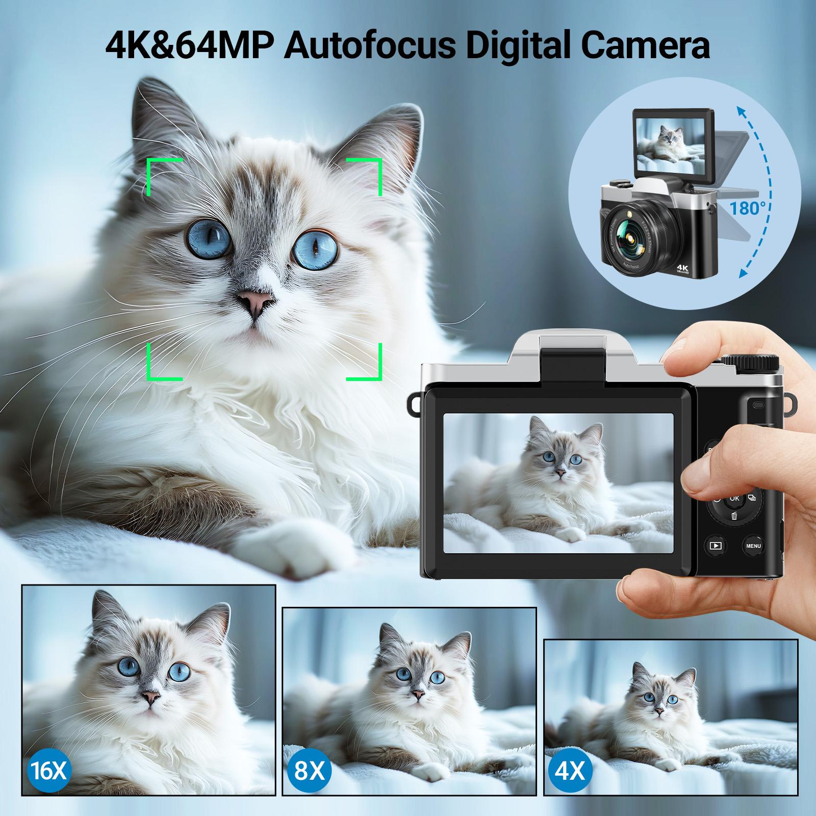 4K Photography Digital Camera, 64mp Auto Focus, 180° Screen Flip, 16x Digital Zoom, Flash, 32GB Memory Card, Travel Life Recording