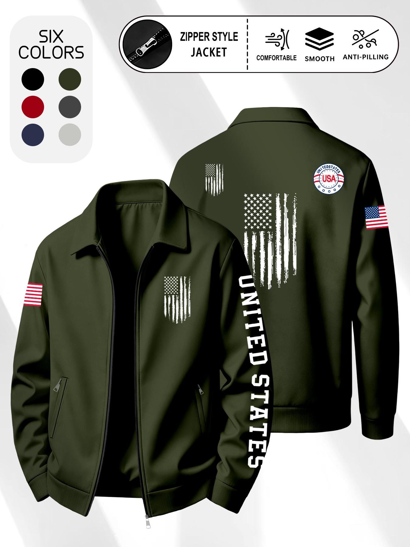 Men's Vintage Usa Flag Print Jacket, Menswear Lapel Collar Zipper Long Sleeve Outerwear, Loose-Fit Casual Coat, Spring & Fall, Multiple Colors Available