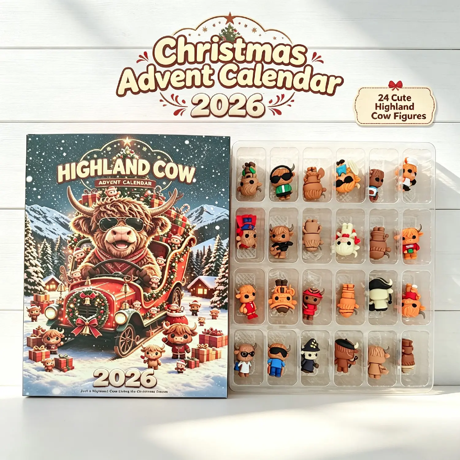 2026 Highland Cow Advent Calendar, 24 Pcs Cute 3D Highland Cow Collectible Figures, Christmas Halloween Countdown Advent Calendar Box, Xmas Holiday Gift for Kids Family, Christmas Decor Ornaments