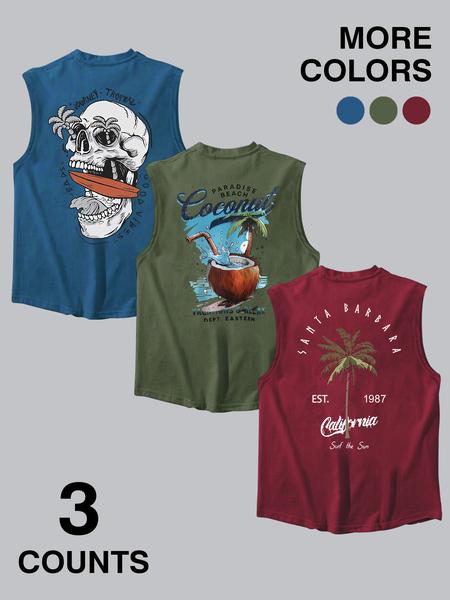 Men's Coconut Tree & Skull Print Tank Top, Loose Casual Soft Comfy Sleeveless Vest for Summer, Men's Top for Beach Vacation Men's Coconut Tree & Skull Print Tank Top, Loose Casual Soft Comfy Sleeveless Vest for Summer, Men's Top for Beach Vacation