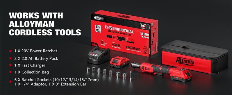 Alloyman 3/8" Cordless Ratchet Wrench Set, 60FT-LBS(80N.m) Electric Ratchet, 2 X 20V Chargeable Power Ratchet Wrench with Variable Speed, LED Light, 6 Sockets, 1/4" Adapter, 3" Extension Rod, Gifts for Perfect Christmas and New Year Idea